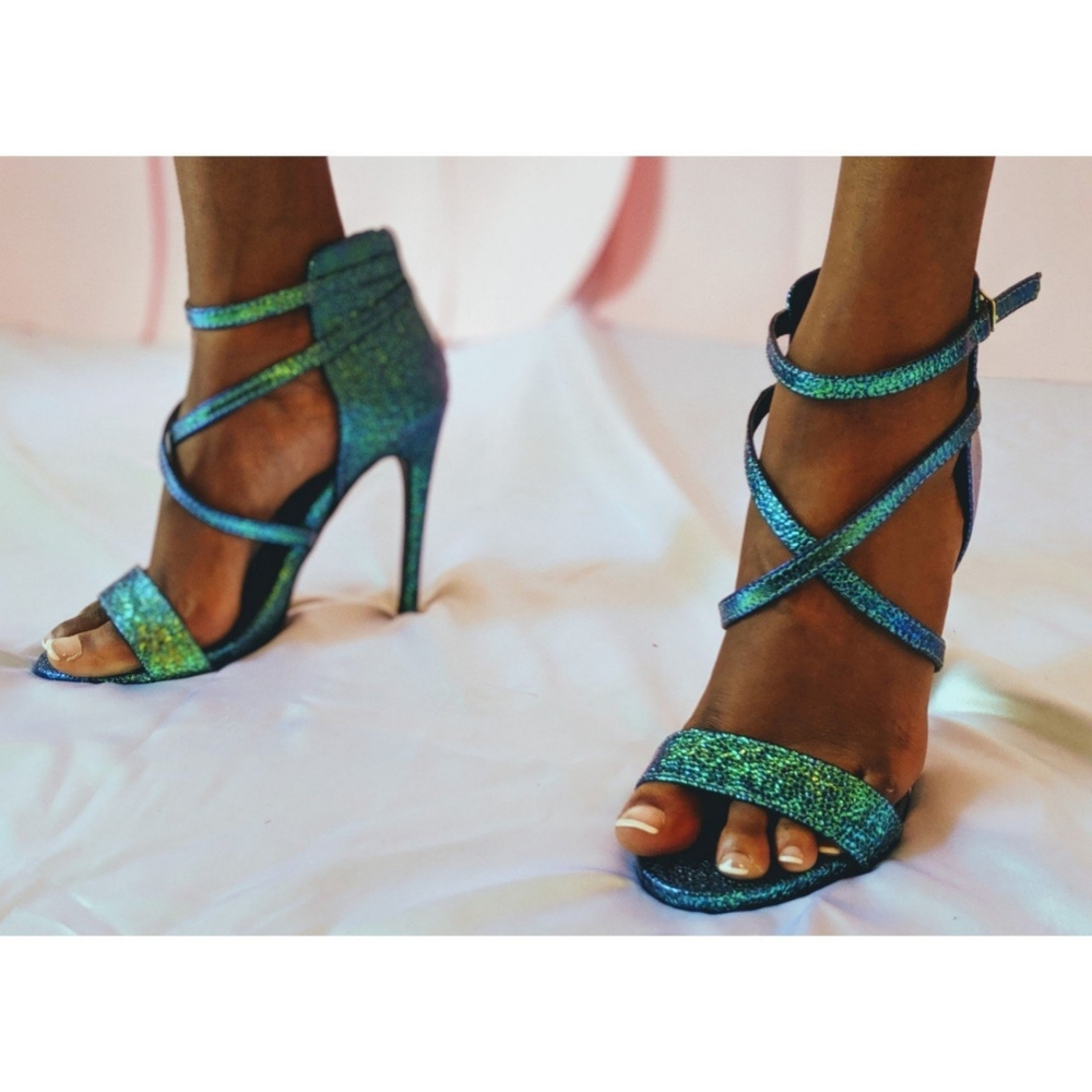 Snake skin metallic green heels